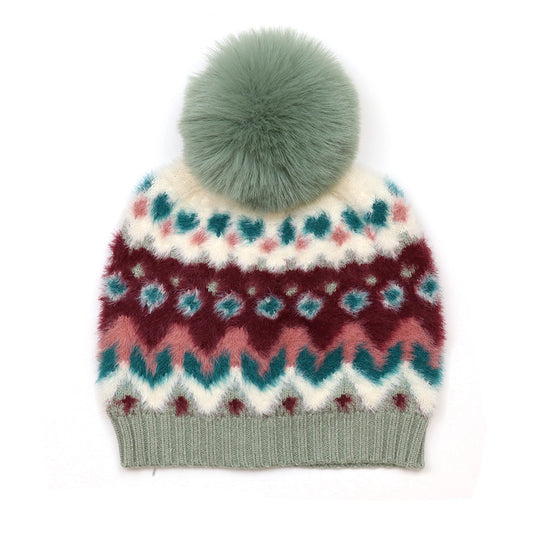 Imogen Super Soft Wine and Duck Egg Pattern Knit Bobble Hat