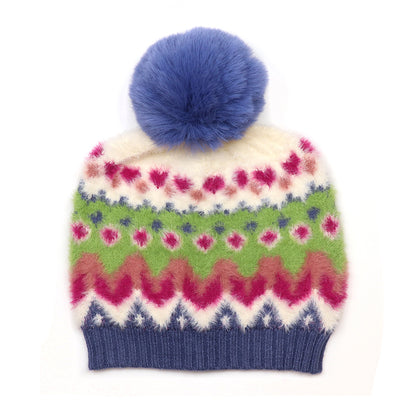 Imogen Super Soft Blue, Green, Pink Pattern Knit Bobble Hat