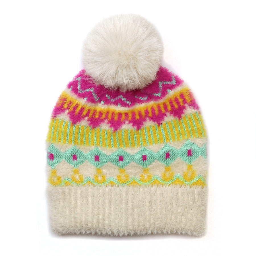 Mia Cream and Neon Mix Pattern Knit Bobble Hat