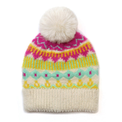 Mia Cream and Neon Mix Pattern Knit Bobble Hat