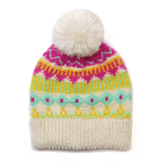 Mia Cream and Neon Mix Pattern Knit Bobble Hat
