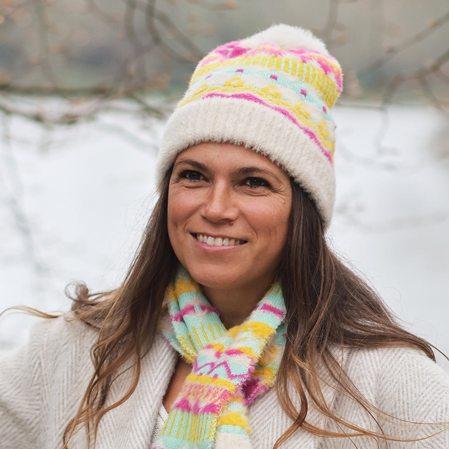 Mia Cream and Neon Mix Pattern Knit Bobble Hat