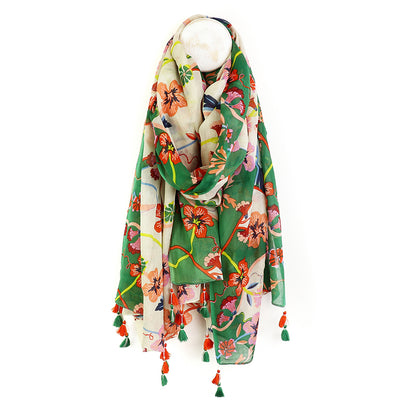 Green/White/Multi Floral Organic Cotton Scarf with Tassels