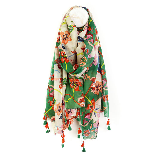 Green/White/Multi Floral Organic Cotton Scarf with Tassels