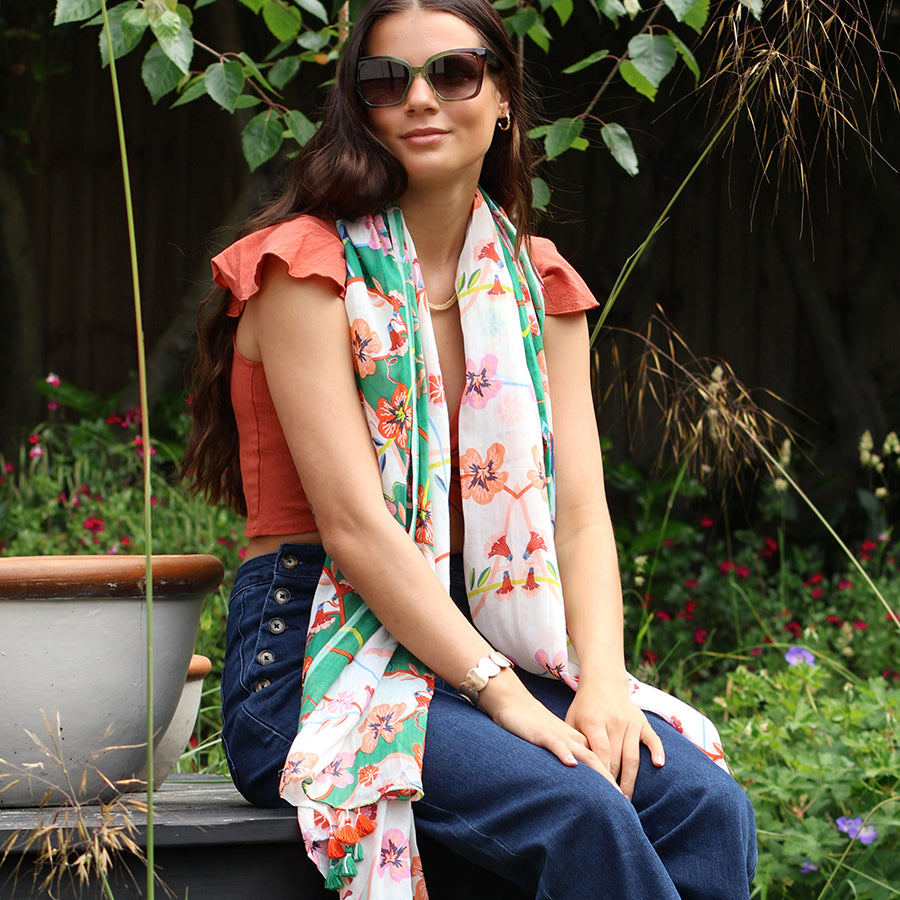 Green/White/Multi Floral Organic Cotton Scarf with Tassels