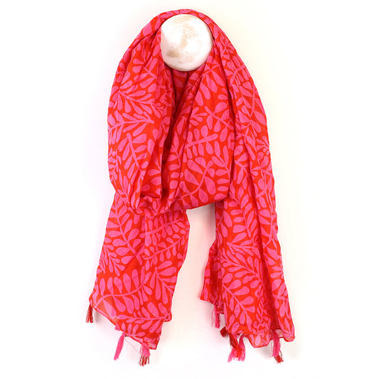 Red/Pink Vine Silhouette Organic Cotton Scarf with Tassels