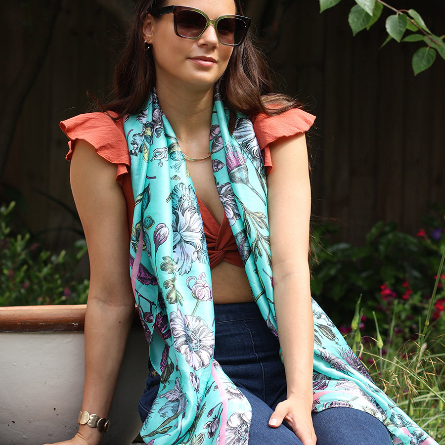 Turquoise Botanical Silk Feel Scarf