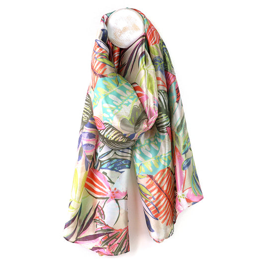 Bold Leaf Print Recycled Poly Silk Feel Scarf