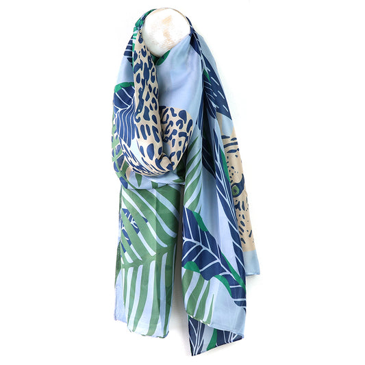 Blue Mix Palm Leaf/Animal Print Recycled Poly Silk Feel Scarf