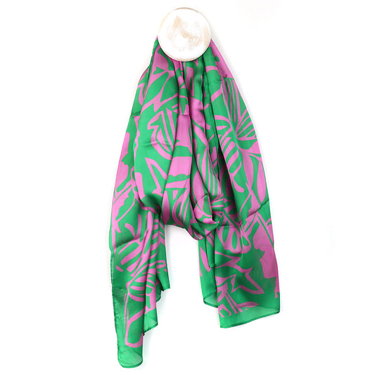 Bold Green/Pink Leaf Print Recycled Poly Silk Feel Scarf