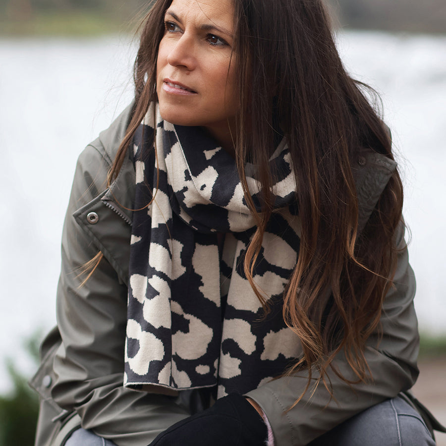 Carly Oatmeal and Black Abstract Animal Print Scarf
