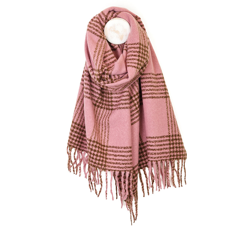 Emily Warm Blush Pink and Brown Check Stripes Scarf