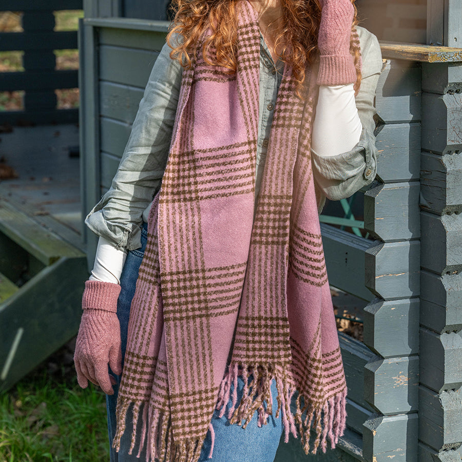Emily Warm Blush Pink and Brown Check Stripes Scarf