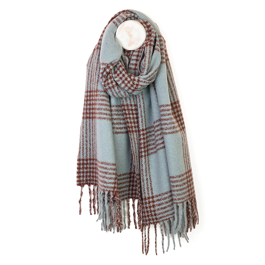 Emily Duck Egg Blue and Brown Check Stripes Scarf