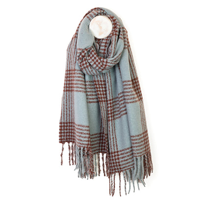 Emily Duck Egg Blue and Brown Check Stripes Scarf