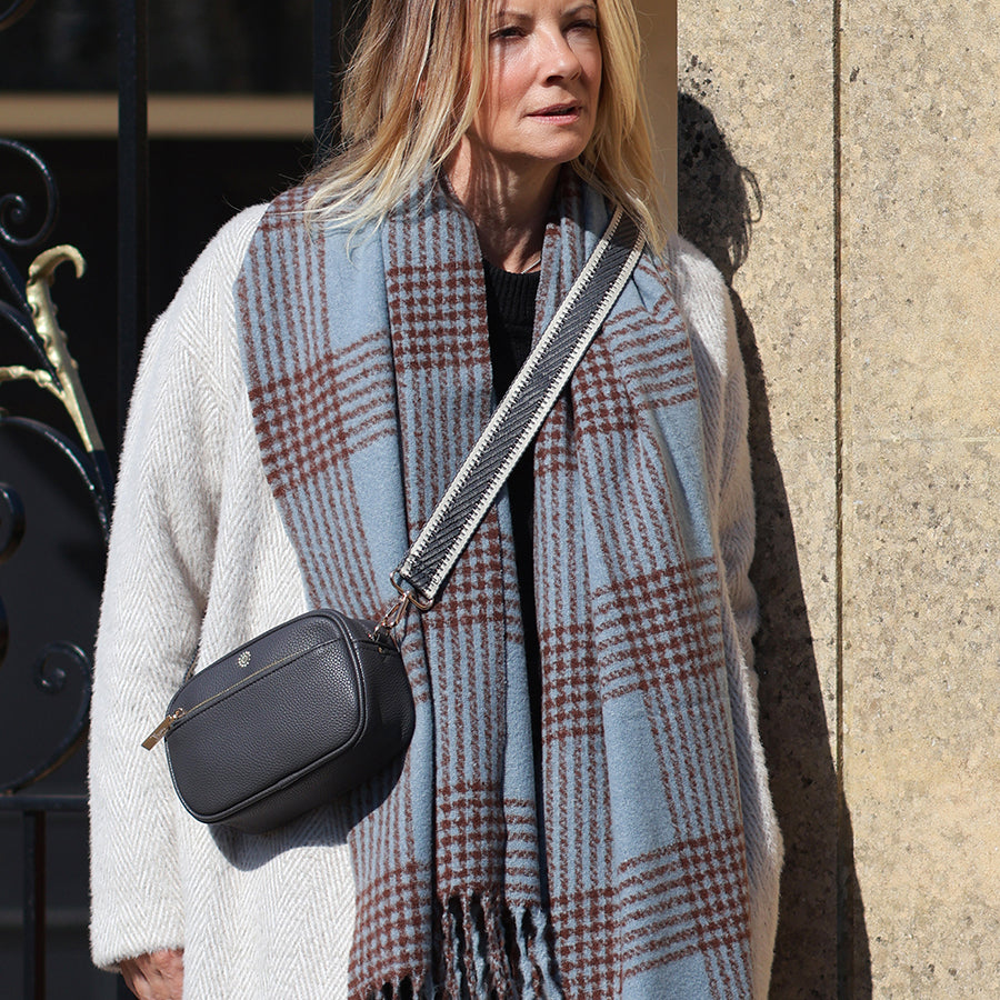 Emily Duck Egg Blue and Brown Check Stripes Scarf
