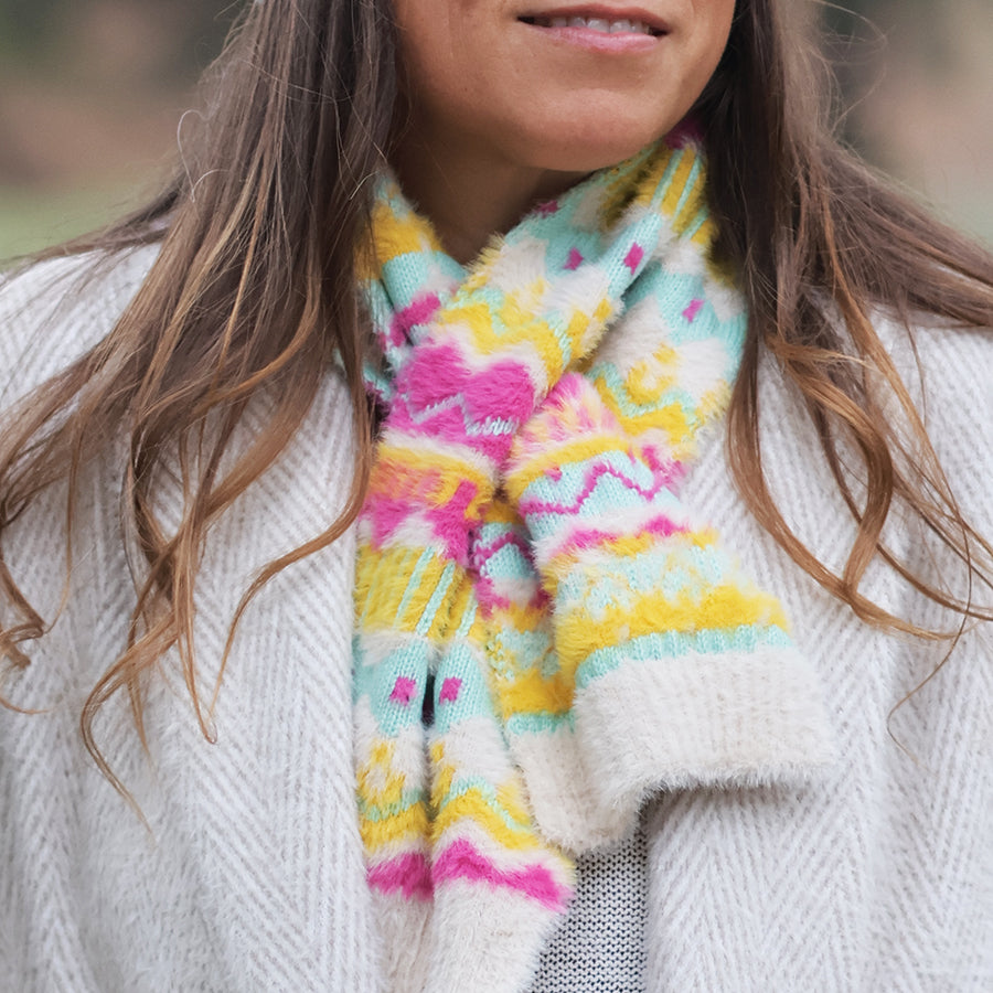 Mia Cream, Yellow and Pink Fluffy Patterned Pull Through Scarf