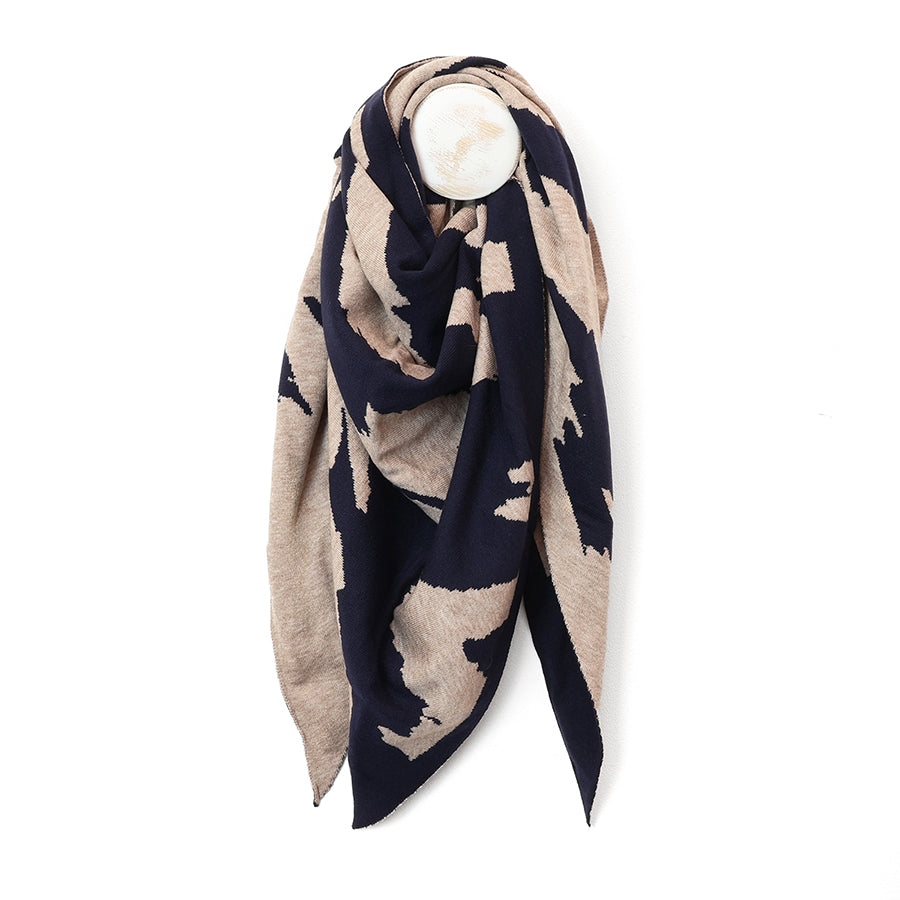 Amelia Navy and Oatmeal Mix Abstract Animal Print Triangle Scarf
