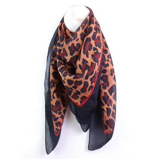 Camel Red and Navy Mix 100% Silk Animal Print Square Scarf