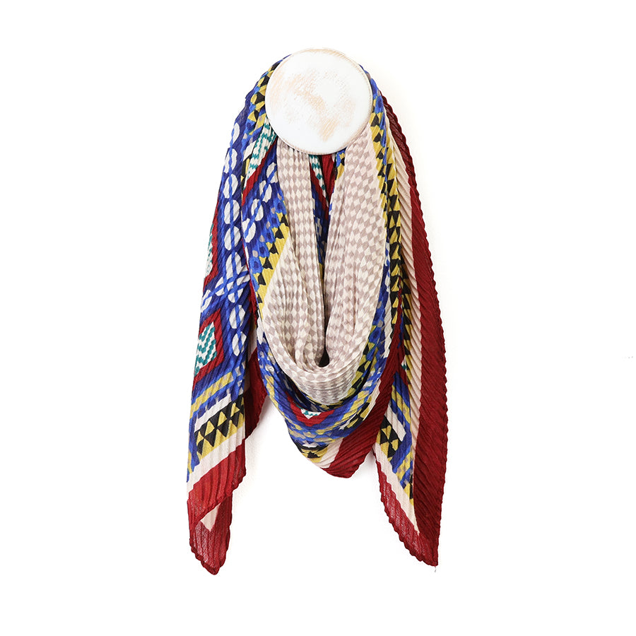 Geo Square Wine Navy Aqua Mix Crinkle Scarf