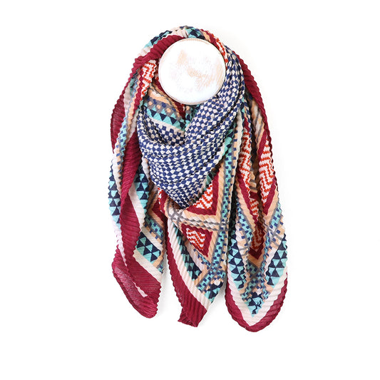 Geo Square Wine Ecru Blue Mix Crinkle Scarf