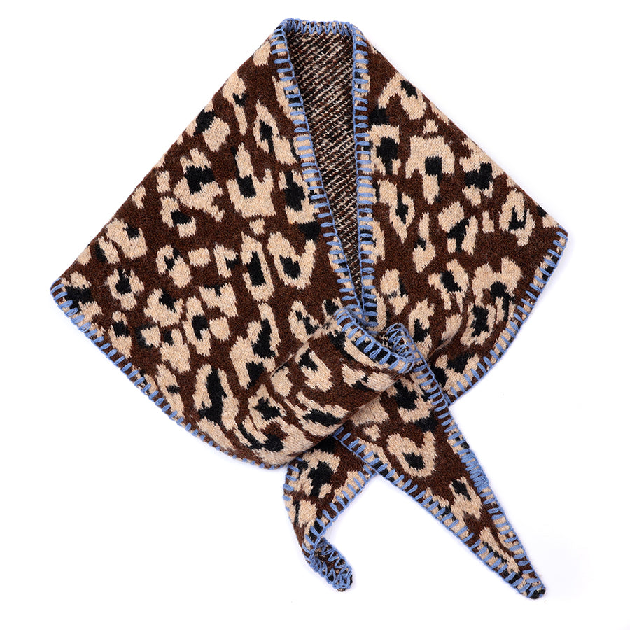 Peggy Animal Print Knit Scarf with Blue Stitch Detail