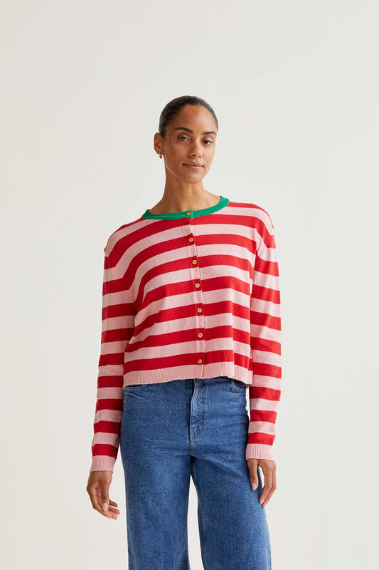 CF Striped Cardigan with Green Neckline