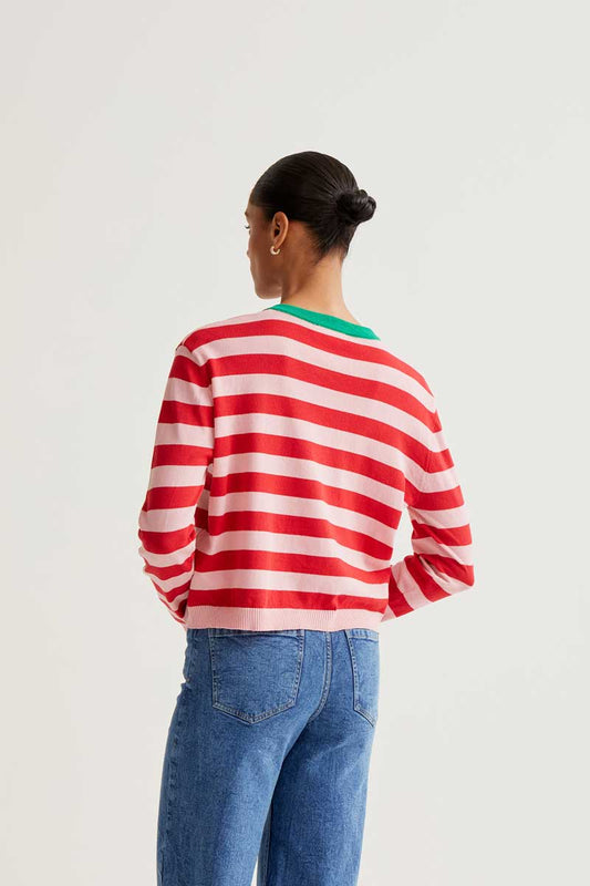 CF Striped Cardigan with Green Neckline