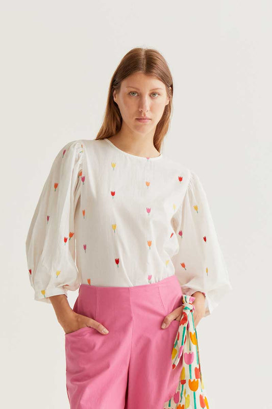 CF Blouse with Embroidered Tulips