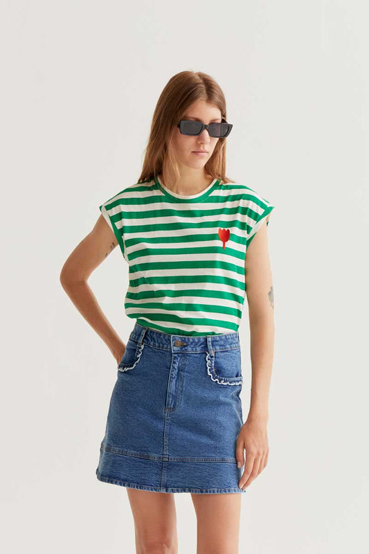 CF Green Stripe T-Shirt with Red Tulip