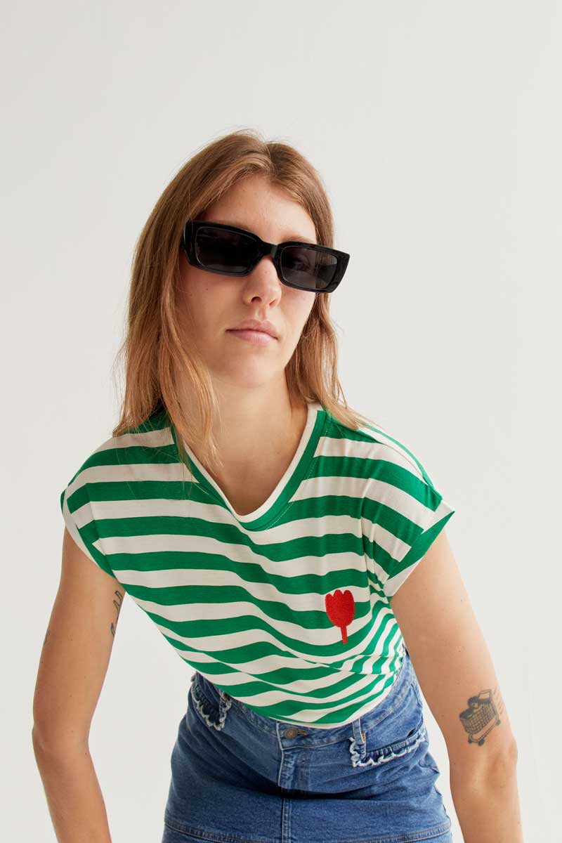CF Green Stripe T-Shirt with Red Tulip
