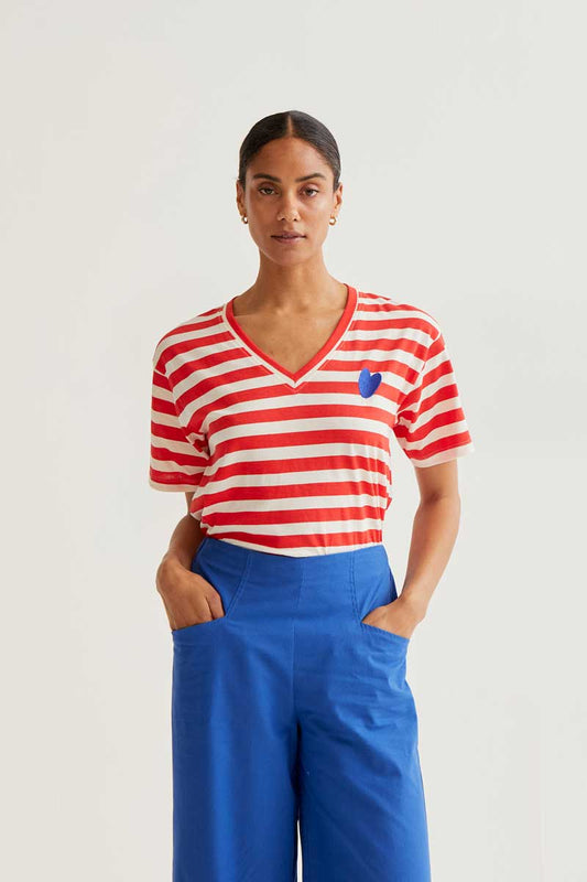 CF T-Shirt with Red Stripes and Blue Heart