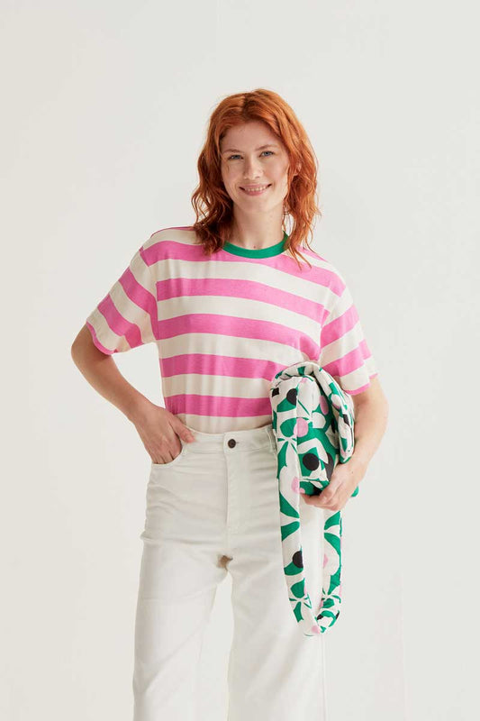 CF Big Pink Stripe T-Shirt with Green Neckline