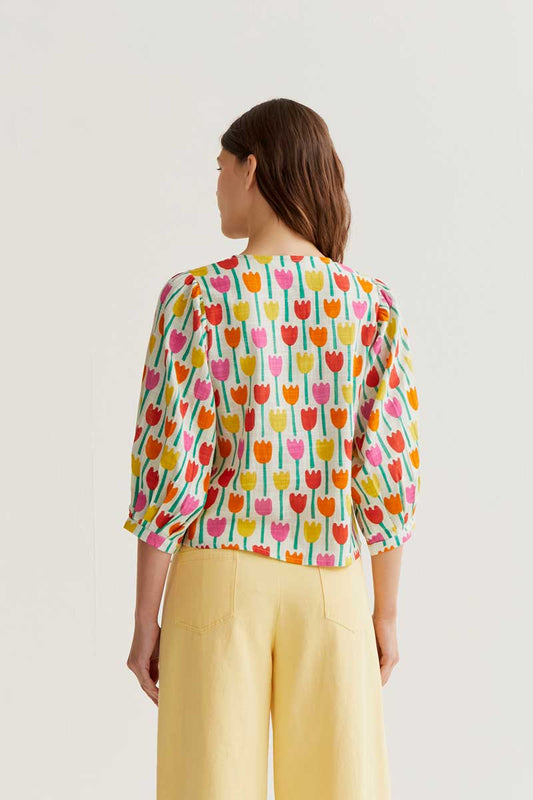 CF Shirt with Tulip Print and Puffy Sleeves