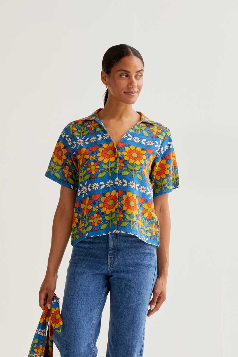 CF Bright Blue Shirt with Flower Print