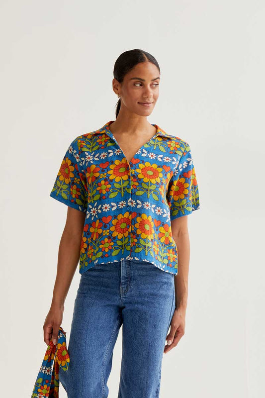 CF Bright Blue Shirt with Flower Print