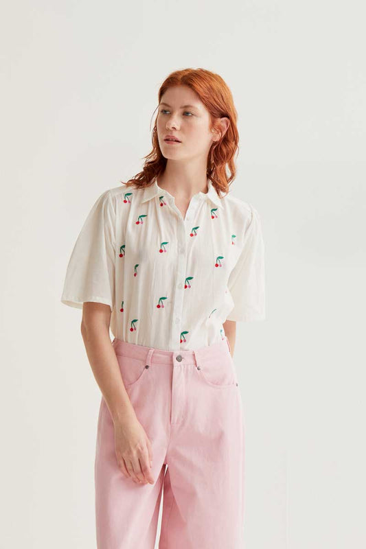 CF White Shirt with Embroidered Cherries
