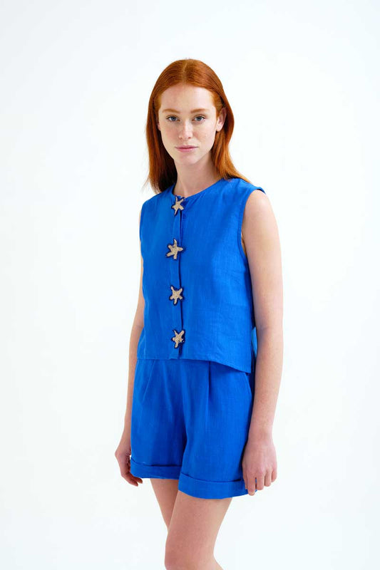 Navy Blue Cotton Top with Star Buttons
