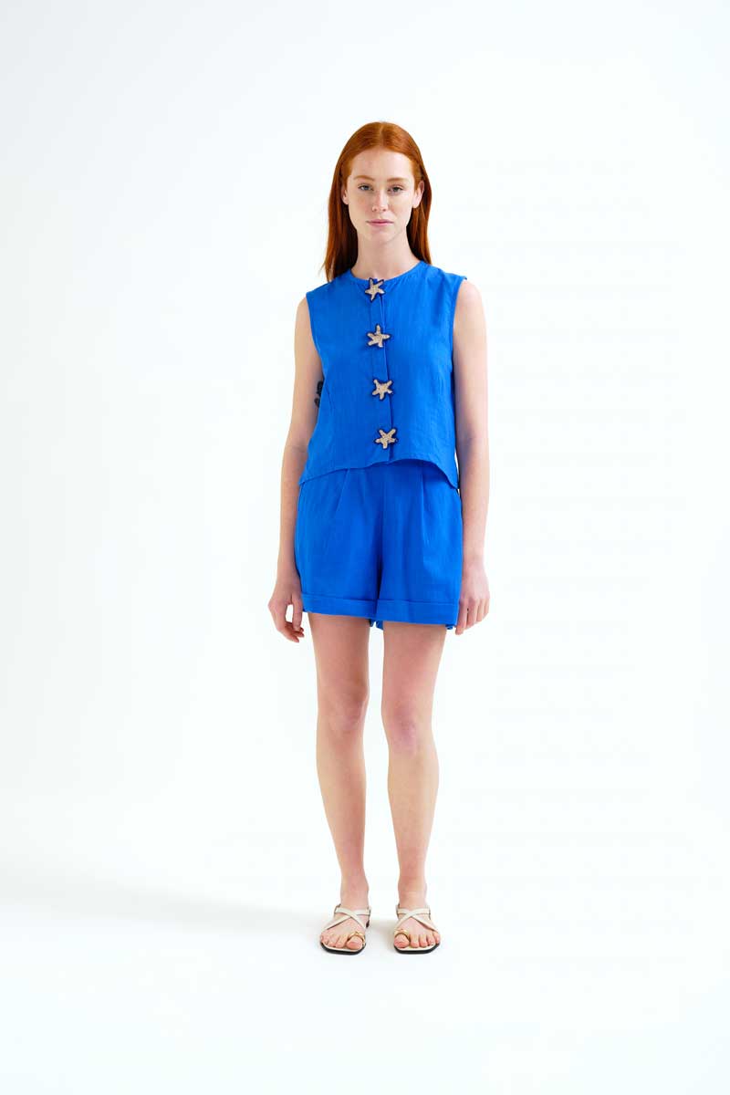 Navy Blue Cotton Top with Star Buttons