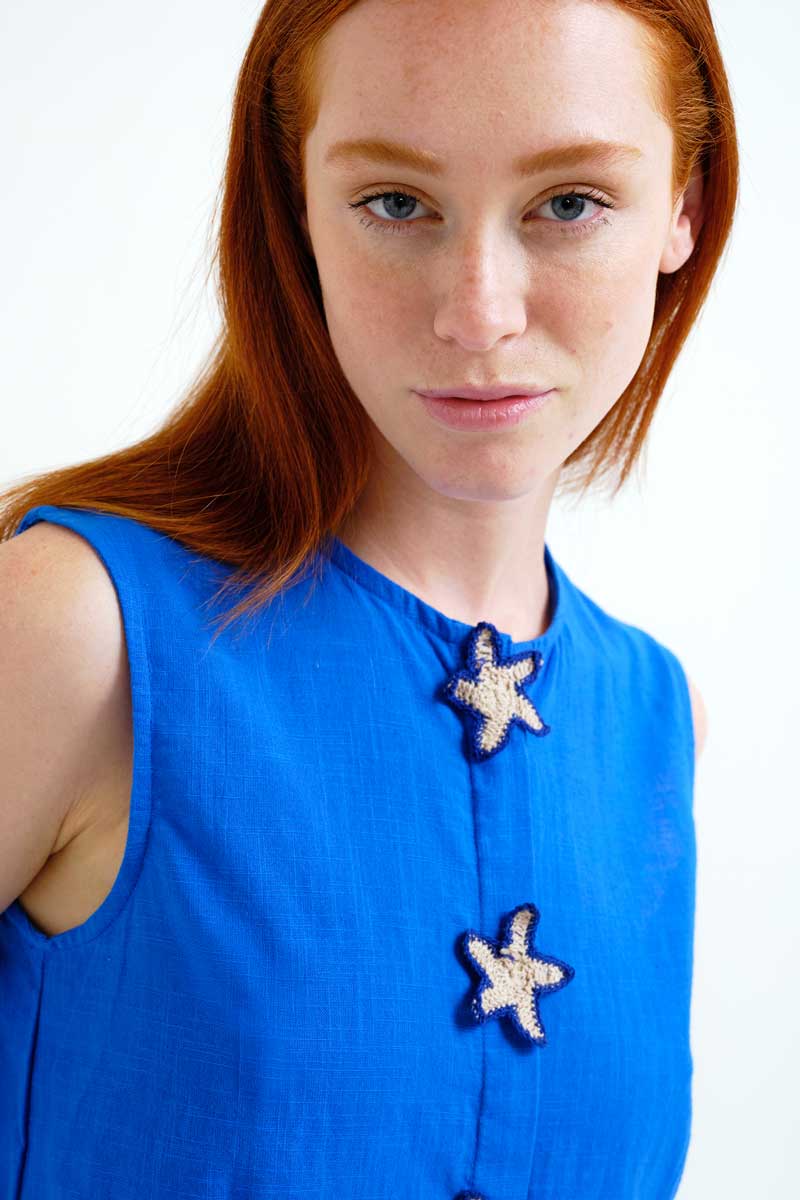 Navy Blue Cotton Top with Star Buttons
