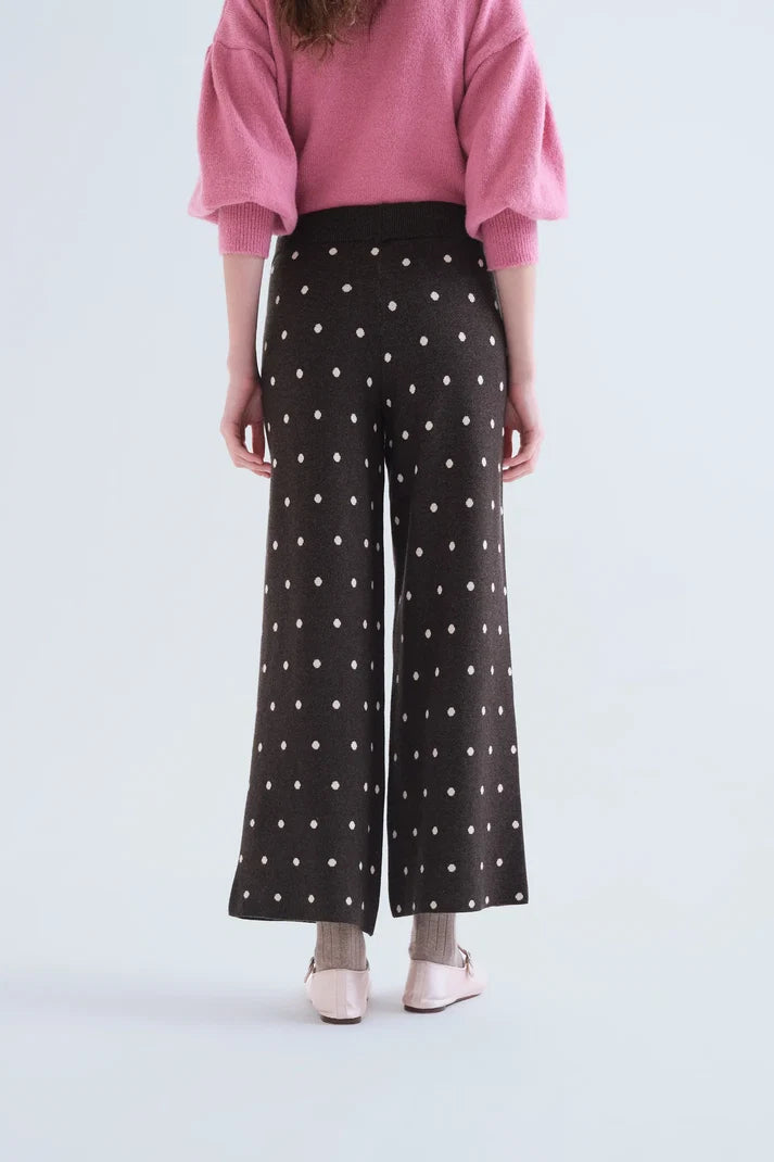 Grey Knit Pants with Small White Polka Dots