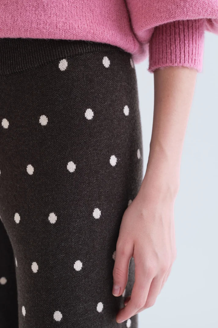 Grey Knit Pants with Small White Polka Dots
