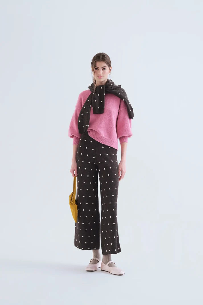 Grey Knit Pants with Small White Polka Dots