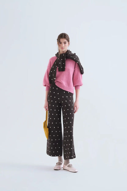 Grey Knit Pants with Small White Polka Dots