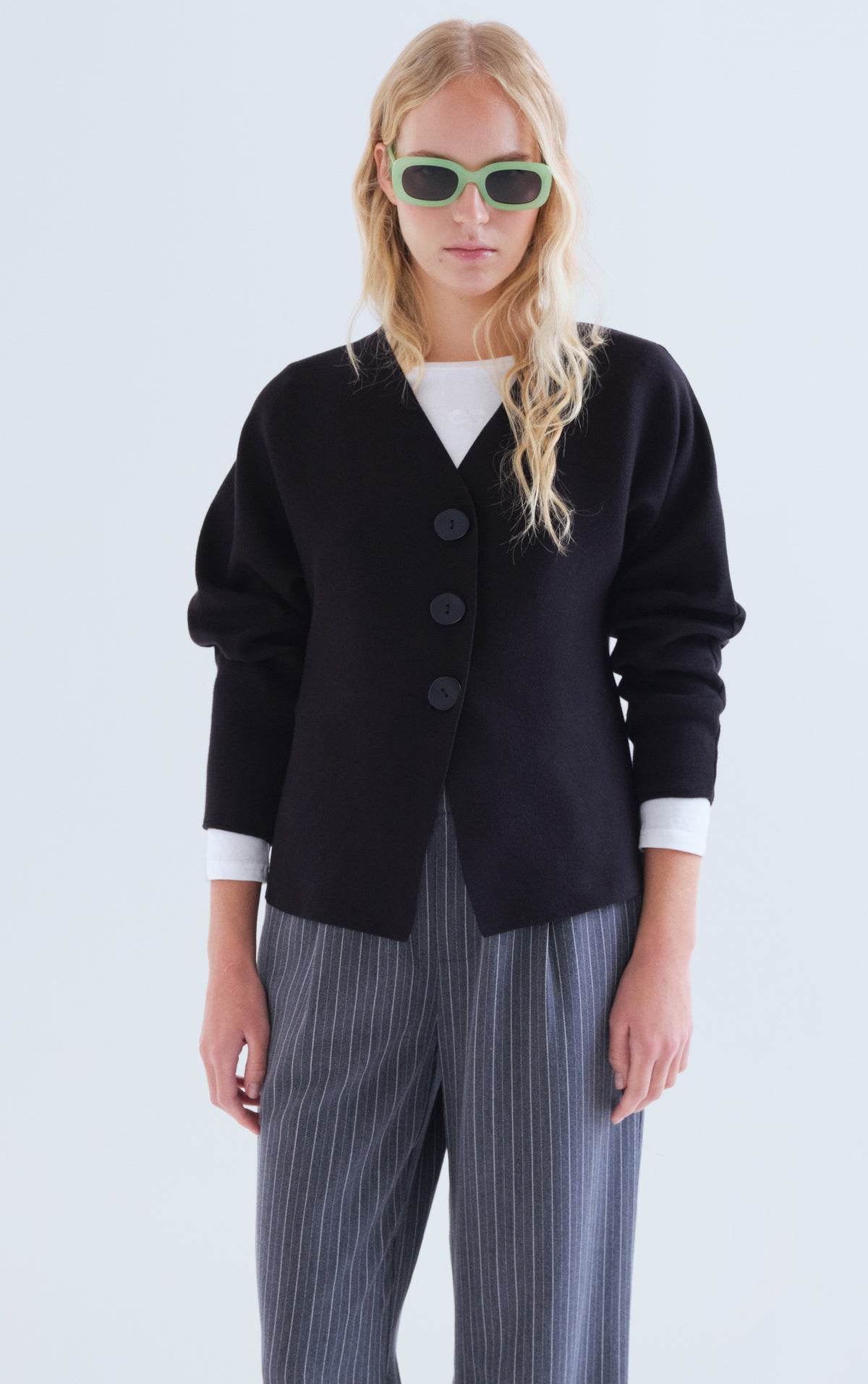 Black V-Neck Cardigan with Big Buttons