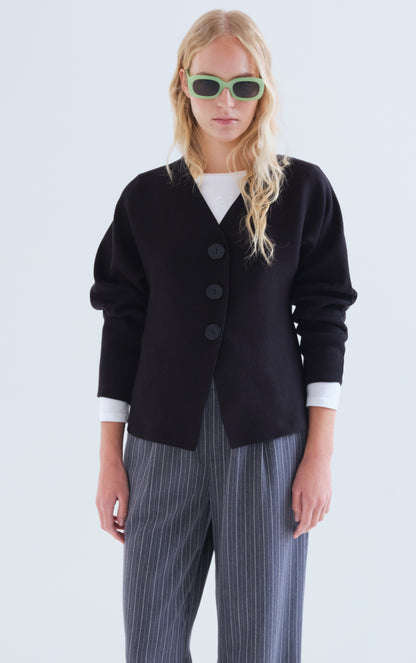 Black V-Neck Cardigan with Big Buttons