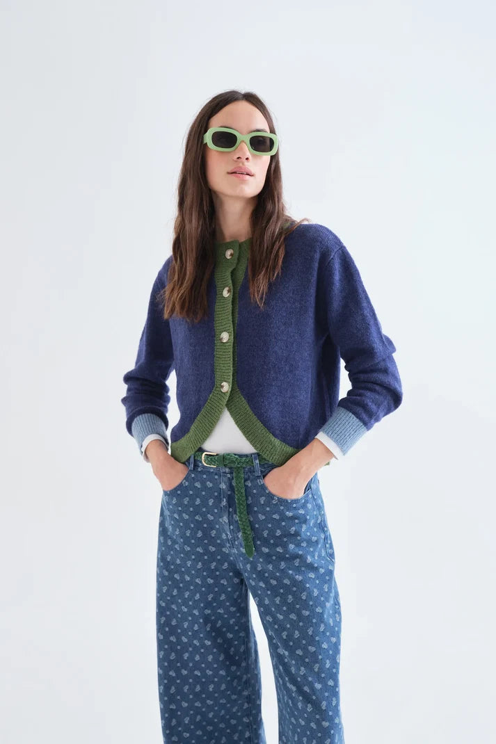Blue and Green Two - Tone Knit Cardigan
