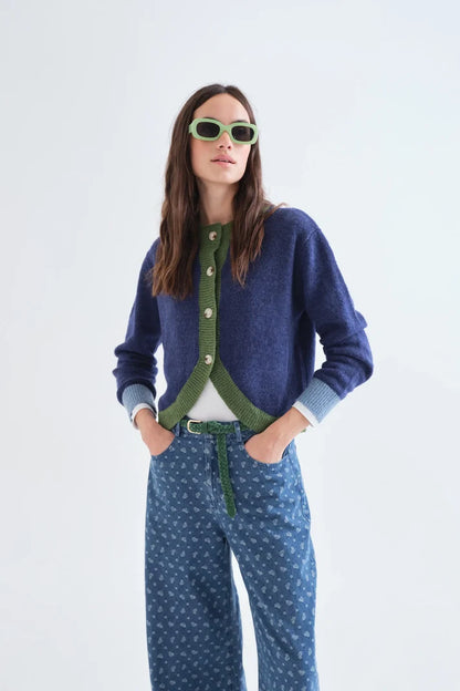 Blue and Green Two - Tone Knit Cardigan