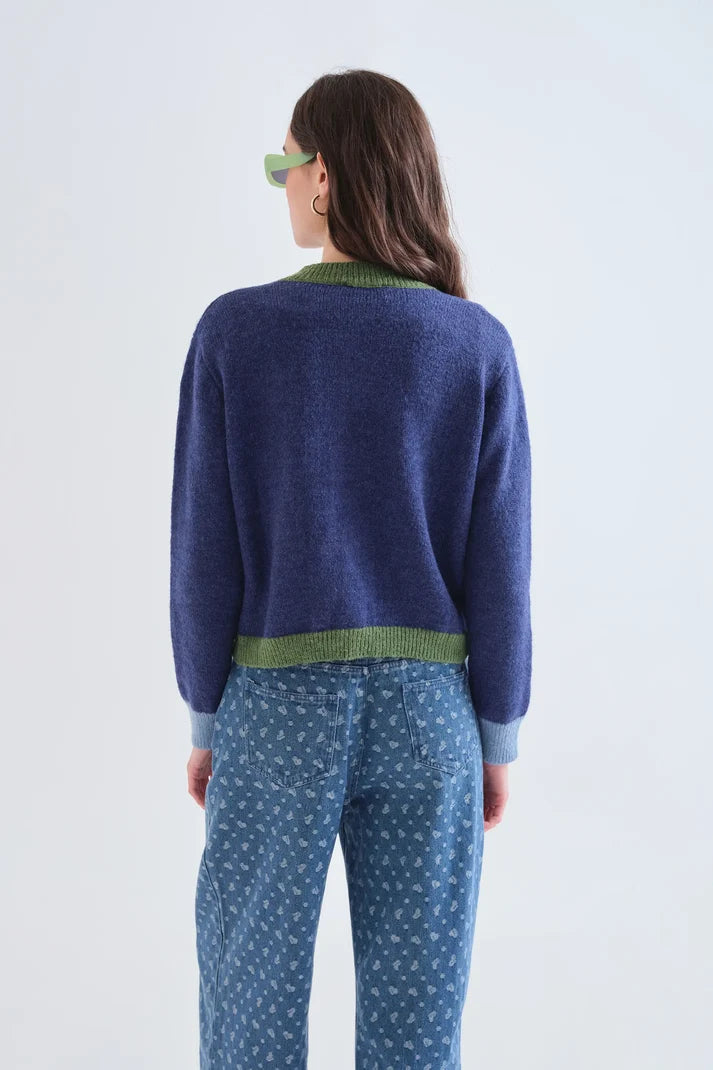 Blue and Green Two - Tone Knit Cardigan