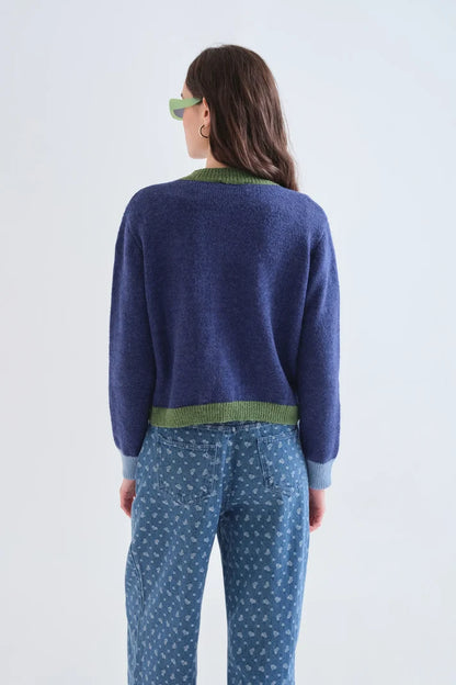 Blue and Green Two - Tone Knit Cardigan